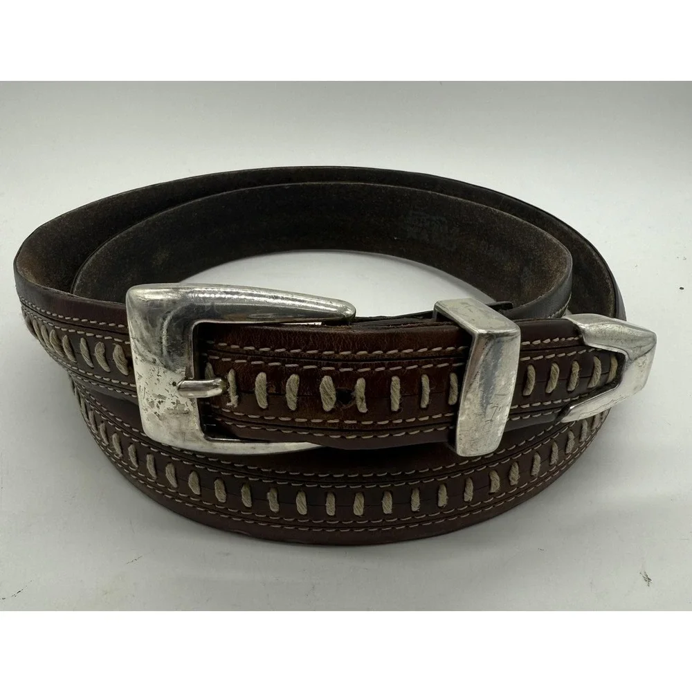Brighton Onyx Western Leather Belt Mens Brown Silver Buckle Tip Whipstitch sz 42